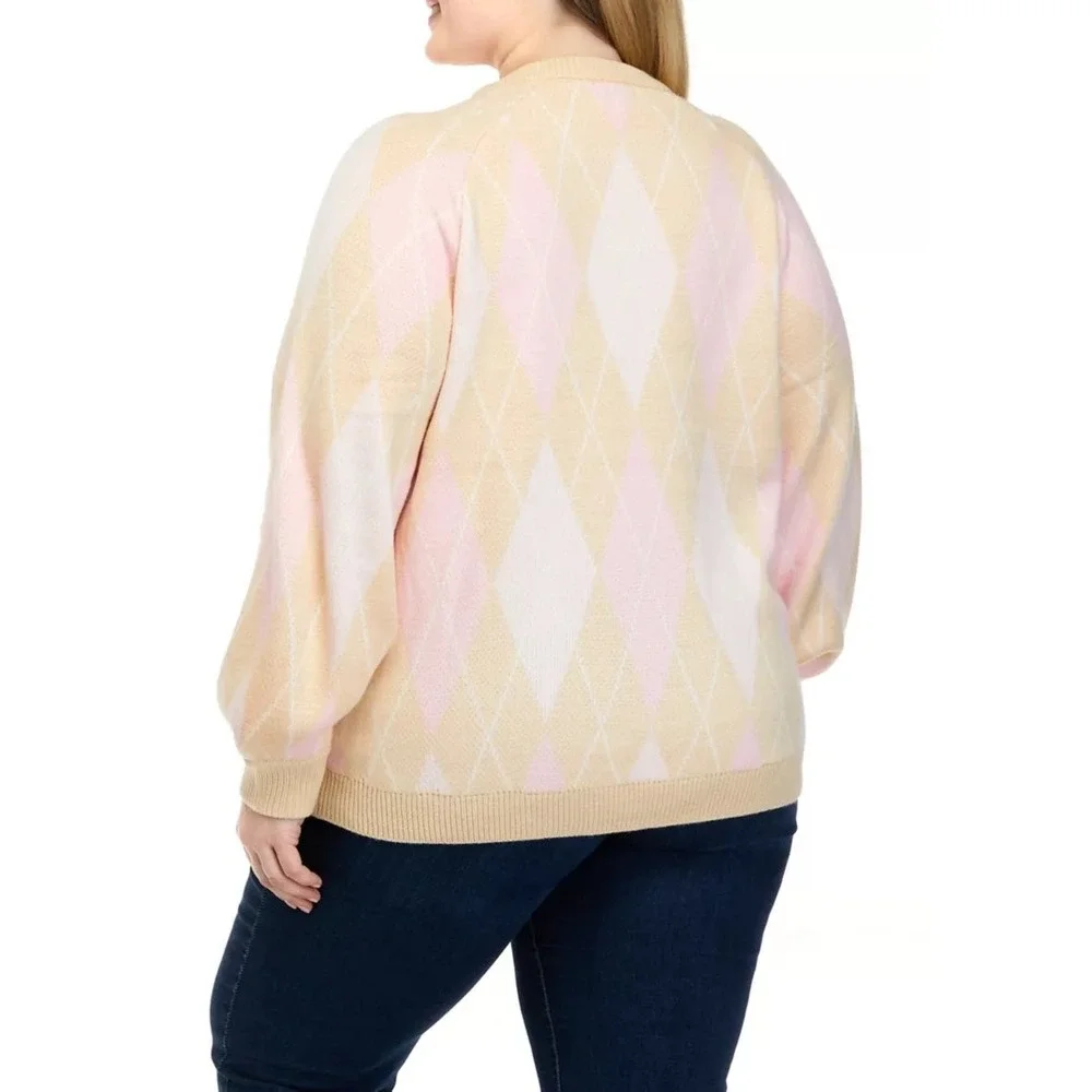NWT Crown & Ivy Argyle Jacquard Crew Neck Sweater‎ Size 2X Coquette Preppy Comfy